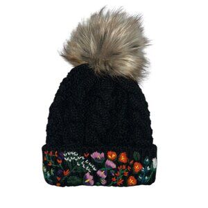 Panache bright all crewel embroidered Alpine flowers black fur pom pom hat